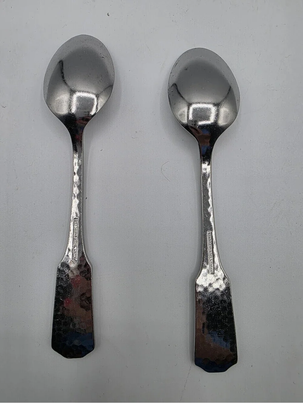 2 Stainless Steel Spoons Silverware Hammered Teaspoons Satin Made Japan Dessert